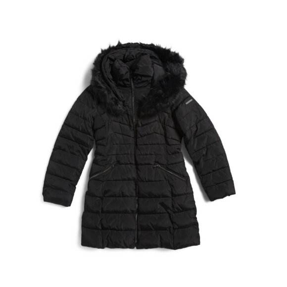 LAUNDRY Black Faux Fur Trim Hooded Puffer Jacket - Picture 1 of 2